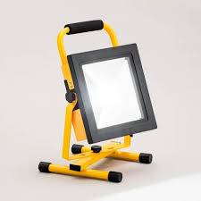 Adjustable yellow LED floodlight with industrial stand.