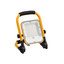 Yellow LED work light with a curved U-bracket handle.